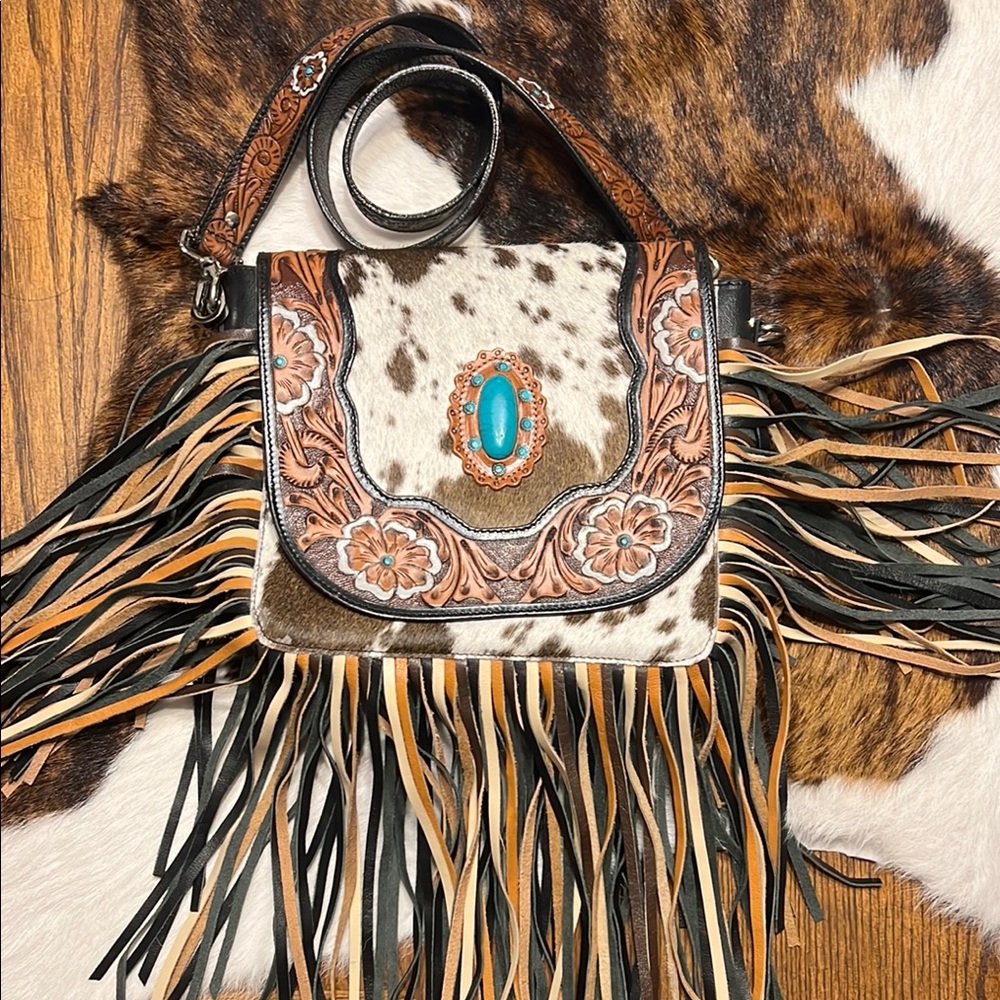 Brown and Black Crossbody Bag with Fringe and Beadwork